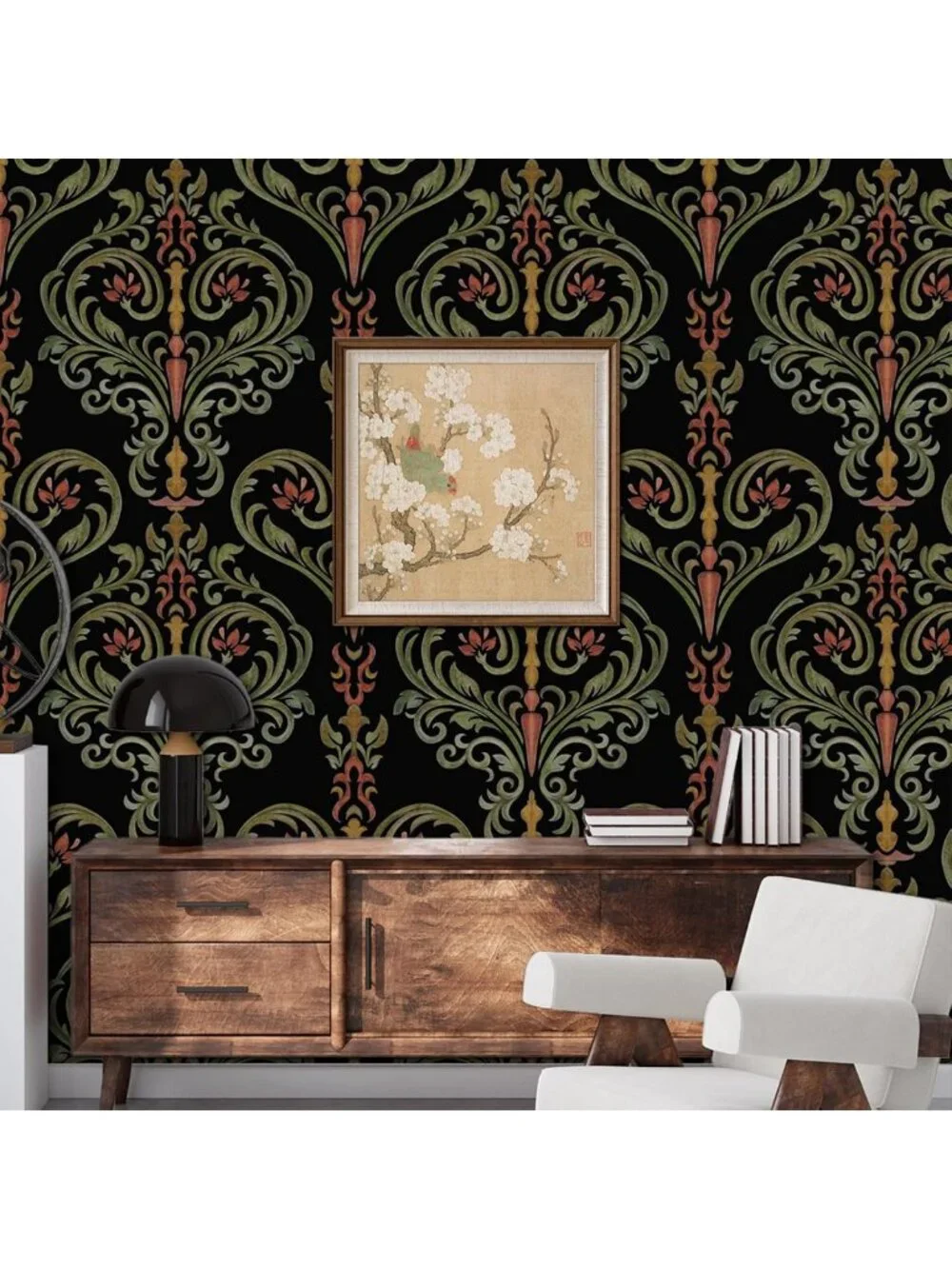 Boho Floral Peel and Stick Wallpaper - Vintage Botanical Red & Green Design